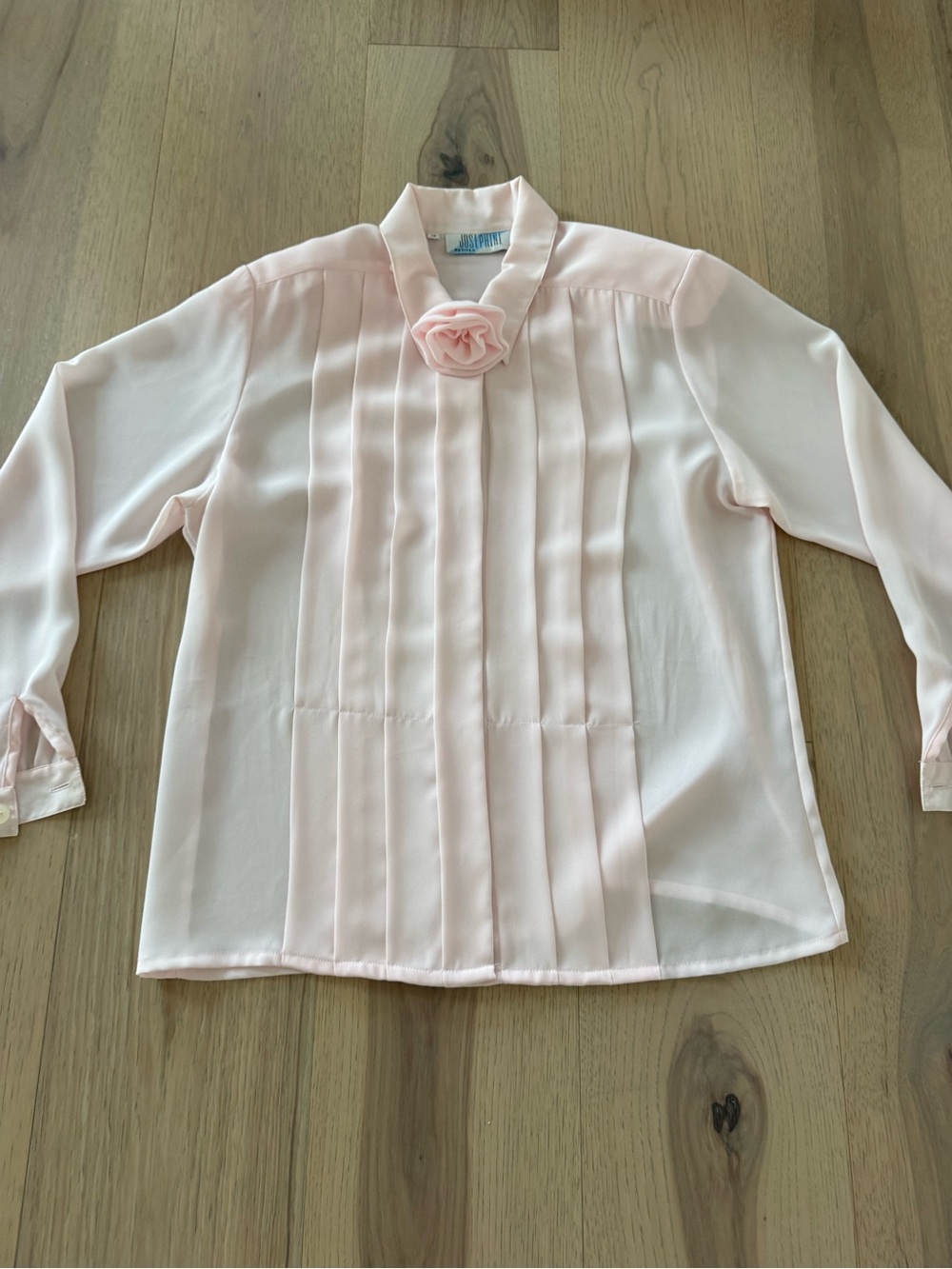Light Pink Pleated Blouse with Rosette Collar